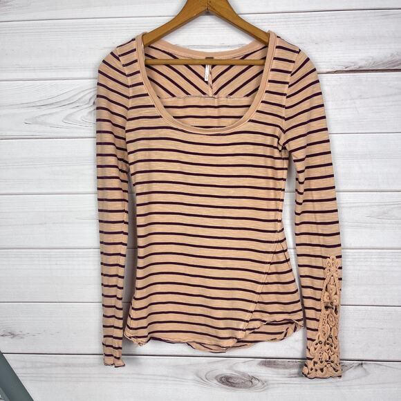 Free People Hard Candy Striped Henley Crochet Cuff Scoop Neck Long Sleeve Top XS - Picture 1 of 6